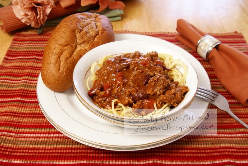 Stock Photo: Chili and Spaghetti - by Kathy Burns-Millyard